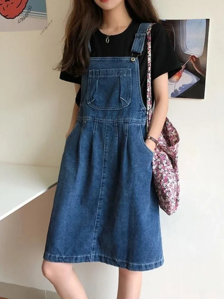 Denim Suspender Skirt Women Vintage Wash Blue Aline Casual Summer Onepiece Korean Y2k Strap Female 250516Z