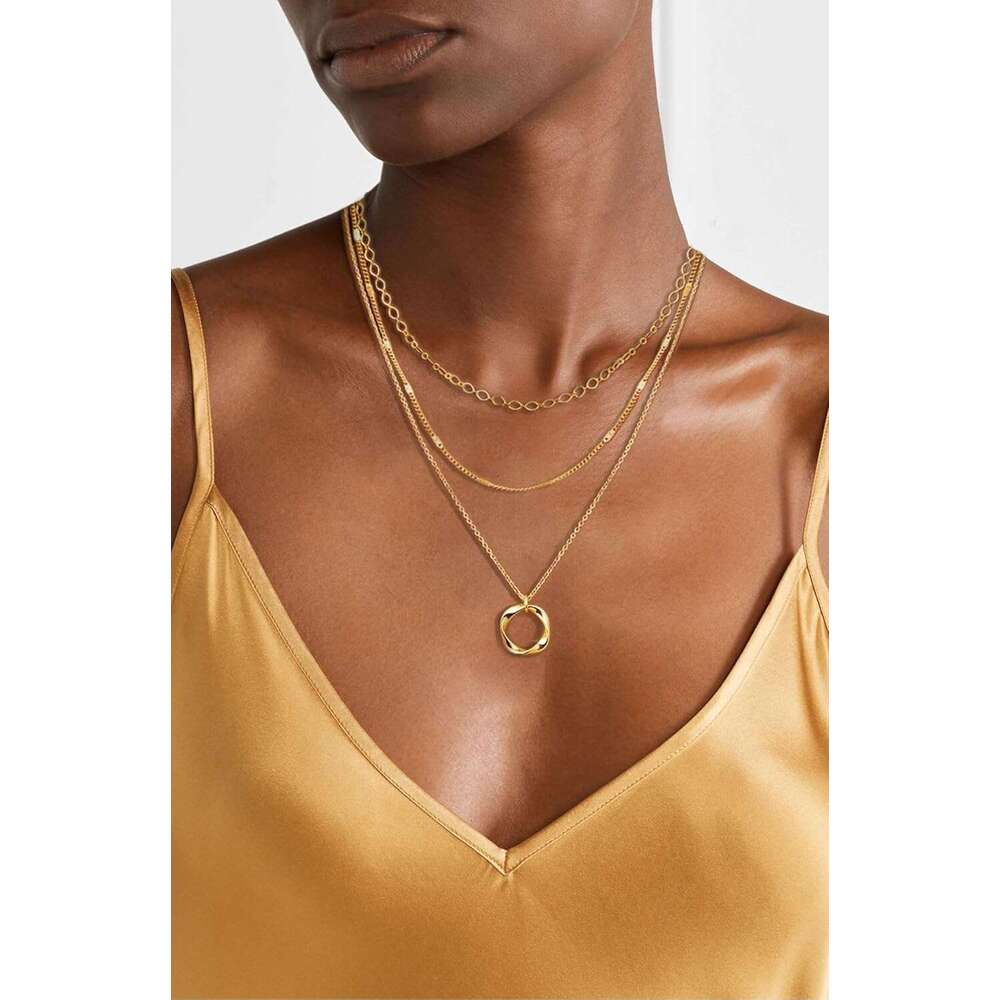 Layered necklace, 14k gold-plated/pure sier stackable circular pendant necklace set