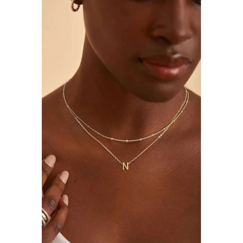 Golden Necklace, 14k Gold Plated A-Z Small Initial Layered Personalized Letter Combination Exquisite Name Pendant Necklace Women's Jewelry Fashio