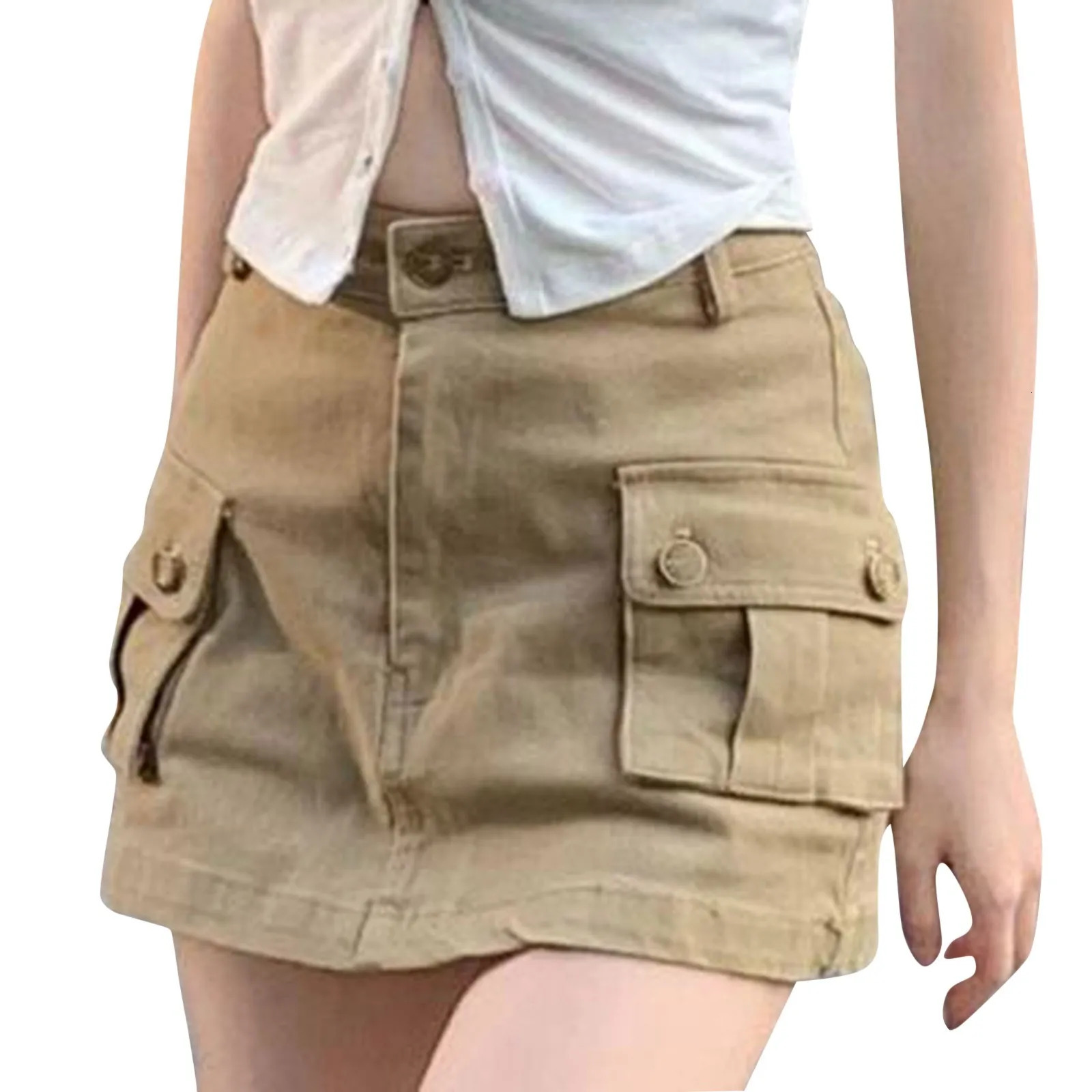 Korean Y2k Women Fashion Street Flap Pocket Cargo Skirt Sexy Girl Solid Metal Buckle Short 2024 Streetwear 250516Z