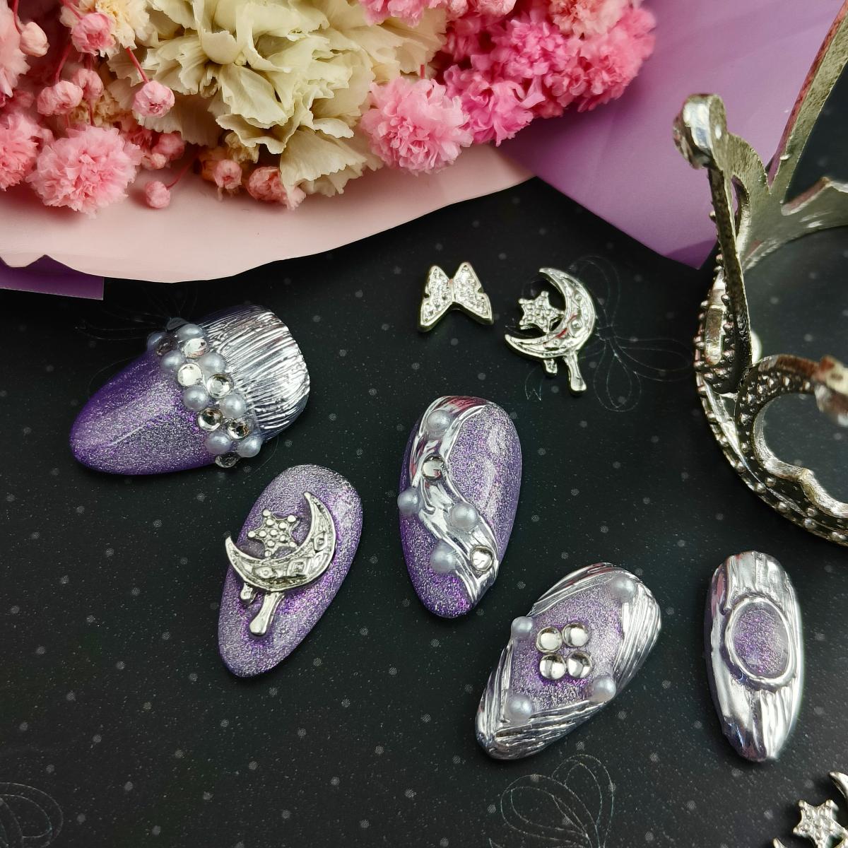 10pcs 3D Hand drawn Handmade Press-on nail Short Almond Nails Bundle 3D Moon Star Pearl Sweet Elegant Finished nail stickers Free storage box jelly gl