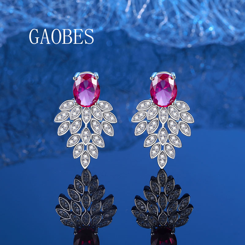 Elegant 925 Sterling Silver Red Ruby Leaf Necklace and Earrings Set for Women, Lightweight Luxury Jewelry