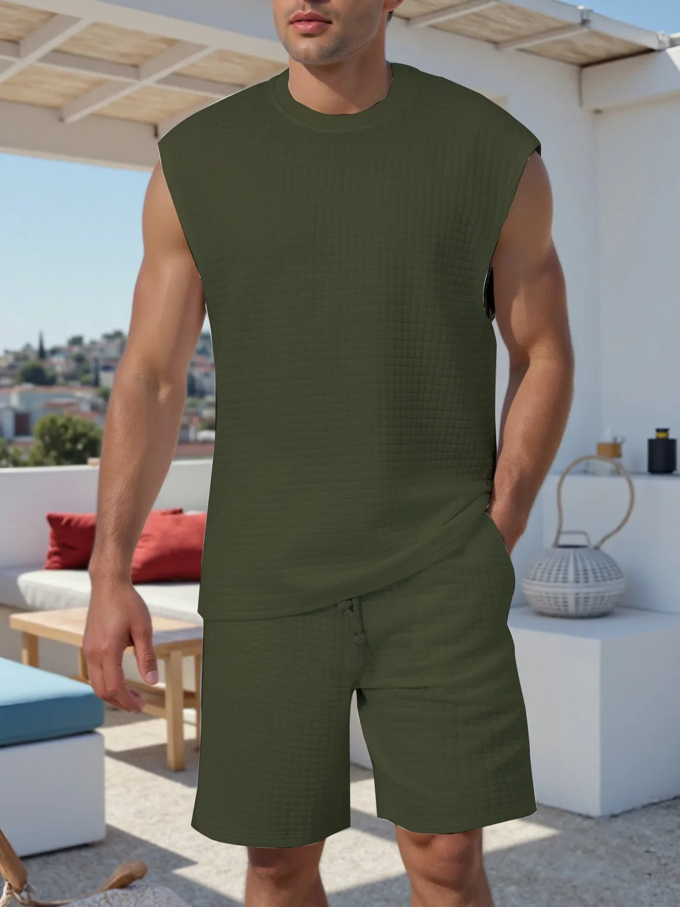 sleeveless small checkered vest and shorts twopiece set crossborder sports leisure solid color mens suit 250614