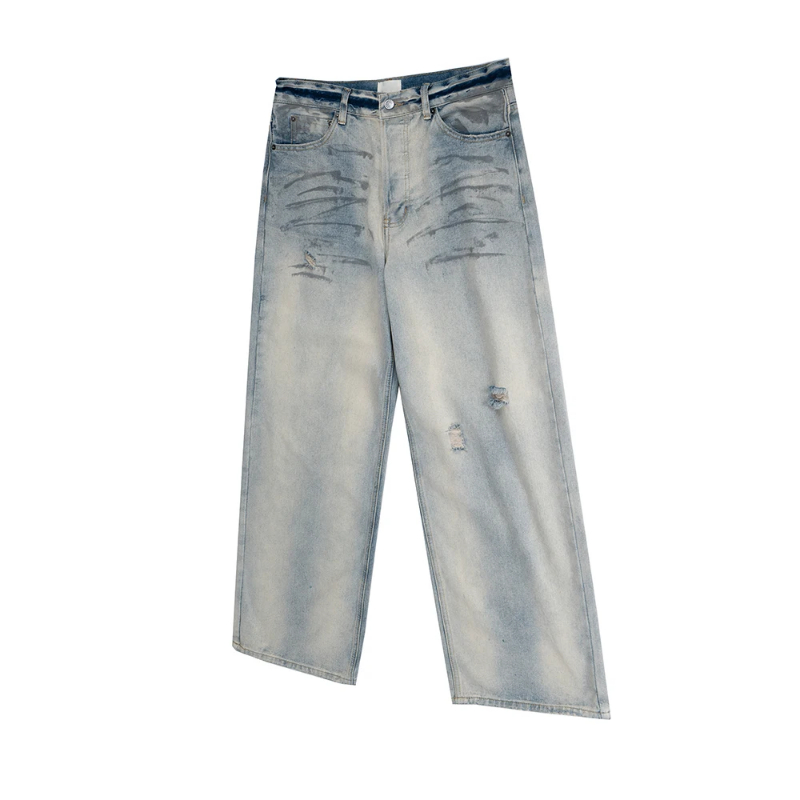 Vintage Cleanfit Damaged Hole Blue Baggy Jeans Pants for Men and Women Washed Casual Wide Leg Loose Denim Trousers Oversized