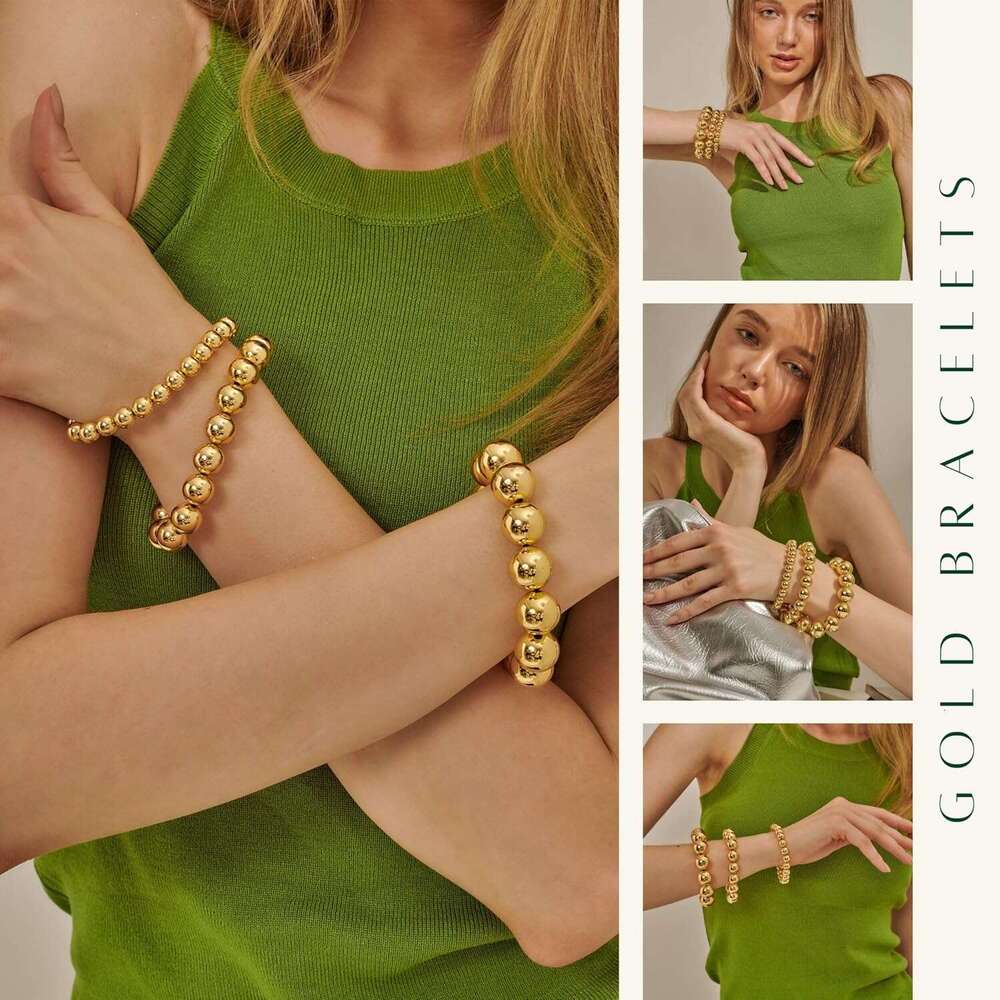 Beaded for Women 14K Gold Plated Chain Bracelets Strand Non Tarnish Chunky Dainty Link Stackable Beads ball Bracelet 8/12/16mm