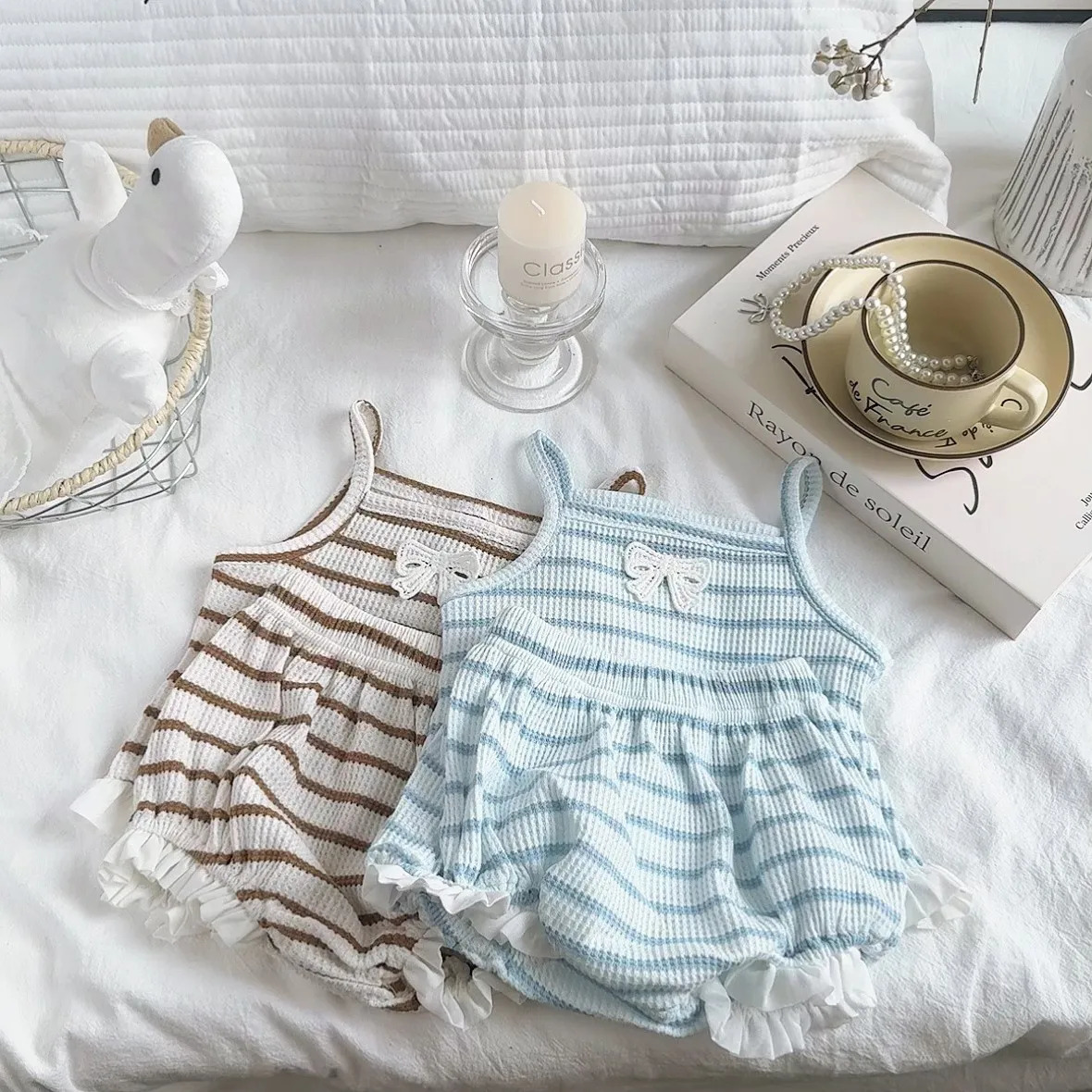 Korean version summer girls comfortable and breathable waffle classic striped fashion trend cute bow tie set 250517z