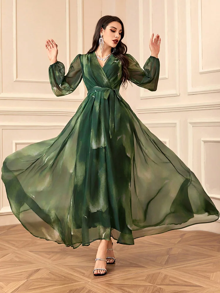 Women's V-Neck Cross Wrap Elegant Long Sleeve Random Print Summer Dress 2024 New Spring Casual Formal Party Maxi Dresses