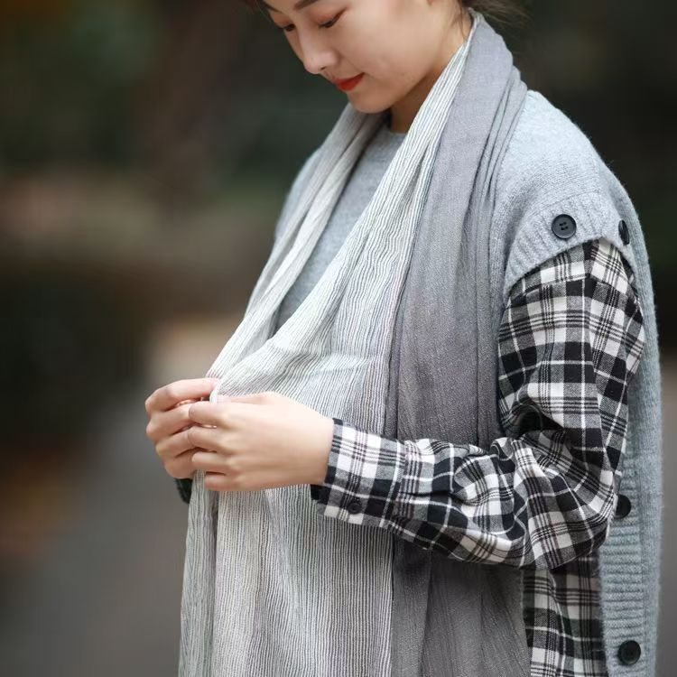 T798 cotton and linen scarf female linen versatile literary striped scarf female spring and autumn gradient color silk scarf student shawl autumn and 