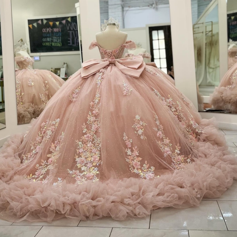Pink Shiny Quinceanera Dresses Ball Gown Off The Shoulder Applique Flower Beading Tiered Tull Party Birthday Sweet 16 Dress vestido de 15 Anos