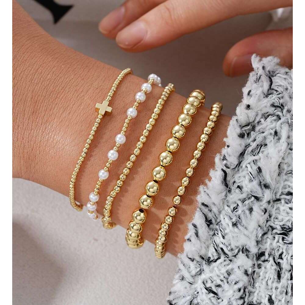 Beaded Women, 14K Real Gold Plated Jewelry Dainty Pearl Bead Bracelets Stack, Non Tarnish Trendy Stackable Ball Cross Stretch Bracelet Set Fashion Acc