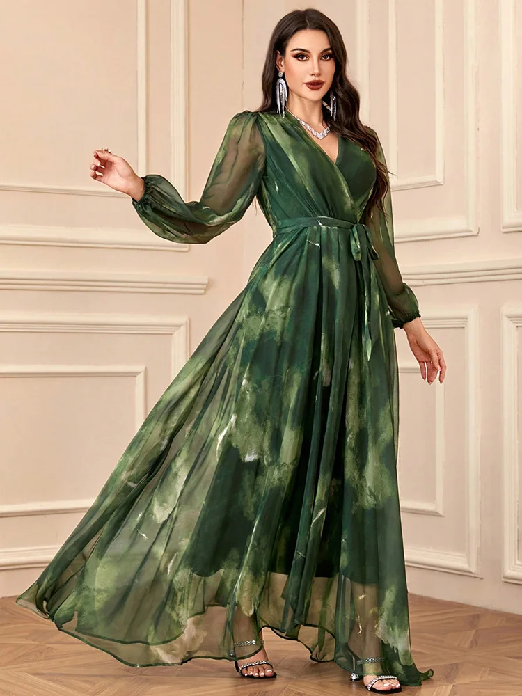 Women's V-Neck Cross Wrap Elegant Long Sleeve Random Print Summer Dress 2024 New Spring Casual Formal Party Maxi Dresses