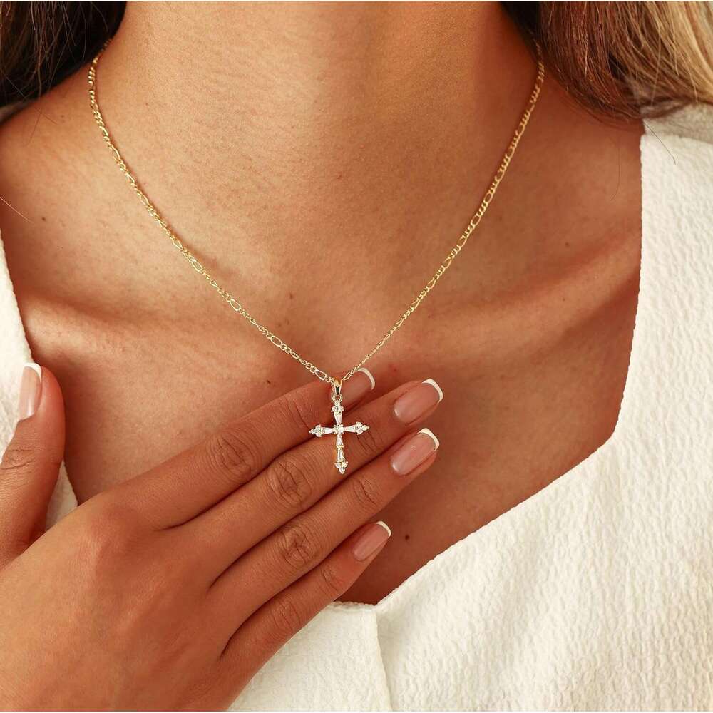 Necklace Women, Dainty 14K Plated Pendant Small Cross Choker Cute Gold Necklaces for Women Trendy Faith Jewelry