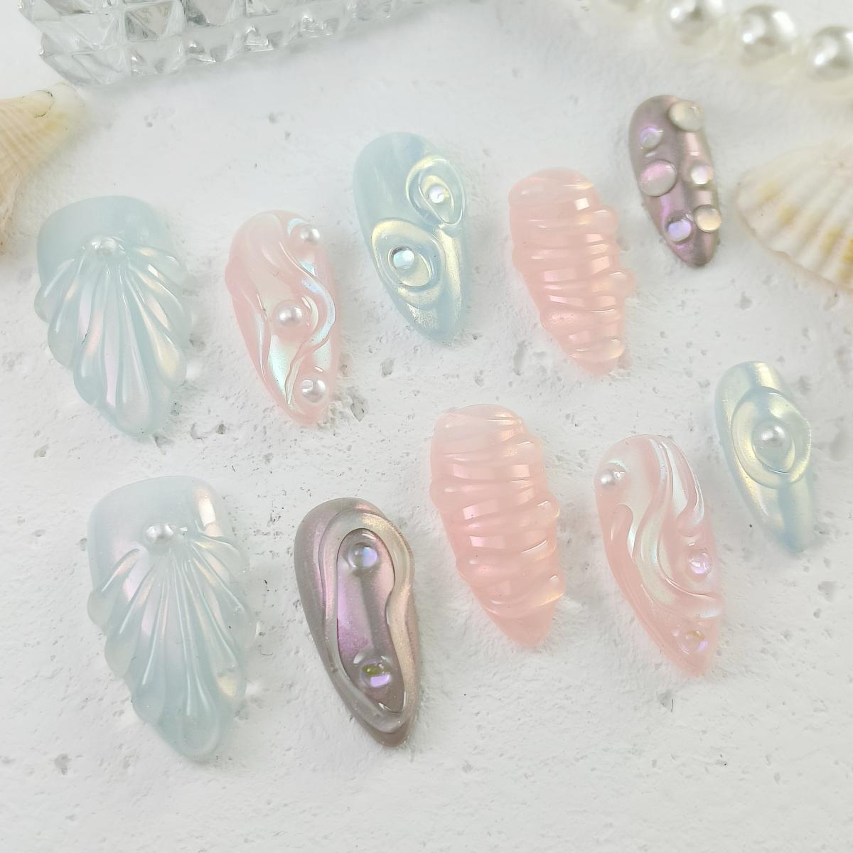 10pcs Handrawn 3D Handmade Press-on nails Medium Almond Nails Bundle Spring Summer Colorful Fake nails Finished nail stickers Free storage box jelly g