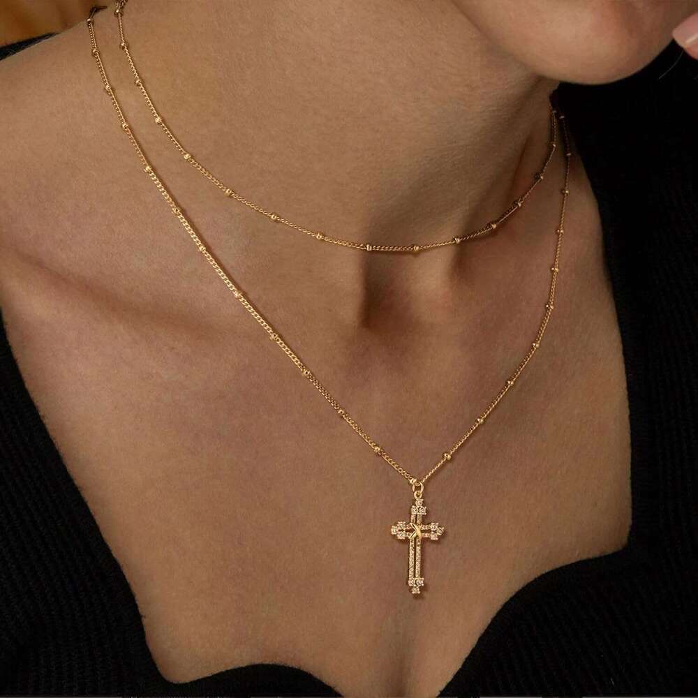 Multi layer golden women's gold-plated faith cubic zirconia cross pendant exquisite necklace prayer religious jewelry