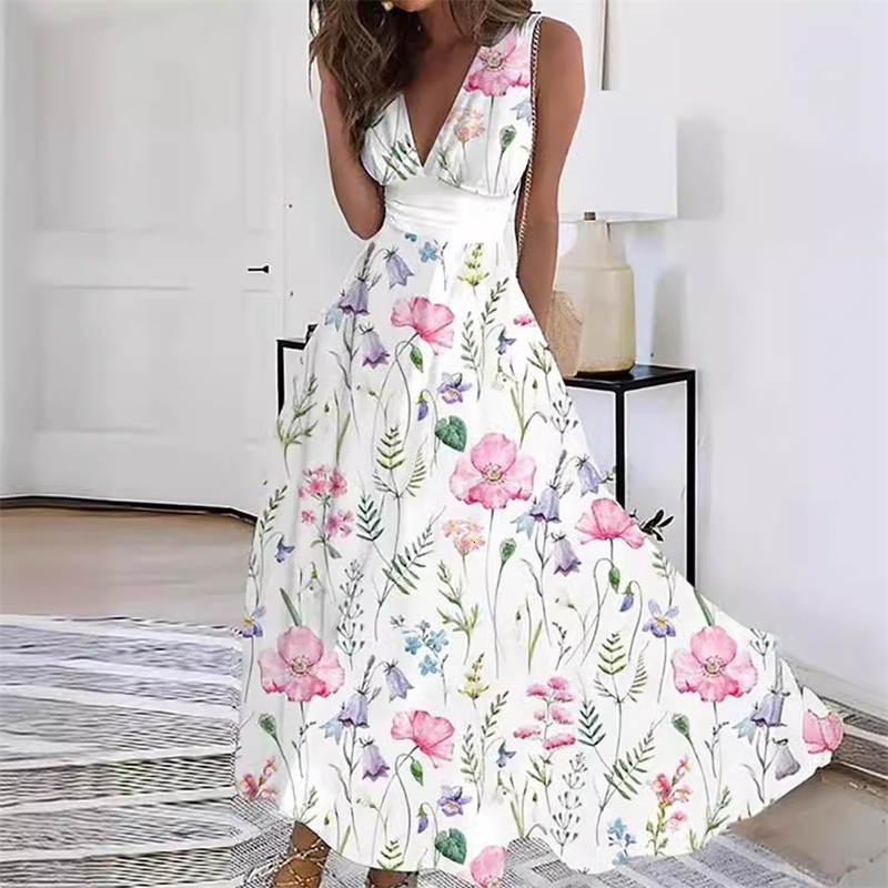 2026 Women's Summer Dress New V-neck High Waist Sleeveless Sun Skirt Printed Sexy Tank Top Dress