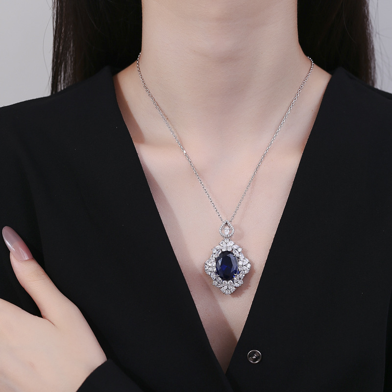 High-End 925 Sterling Silver Sapphire and Diamond Pendant Necklace for Women, Fashion Luxury Jewelry Accessory