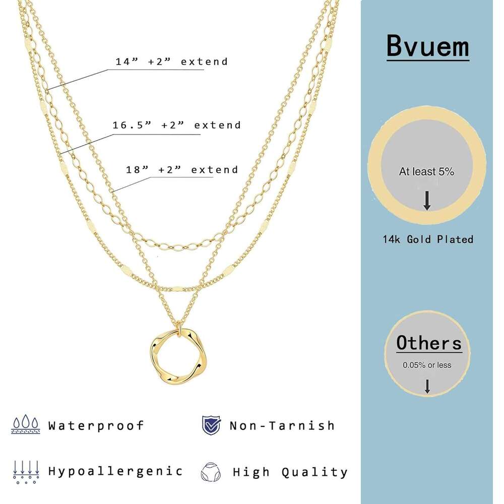 Layered necklace, 14k gold-plated/pure sier stackable circular pendant necklace set
