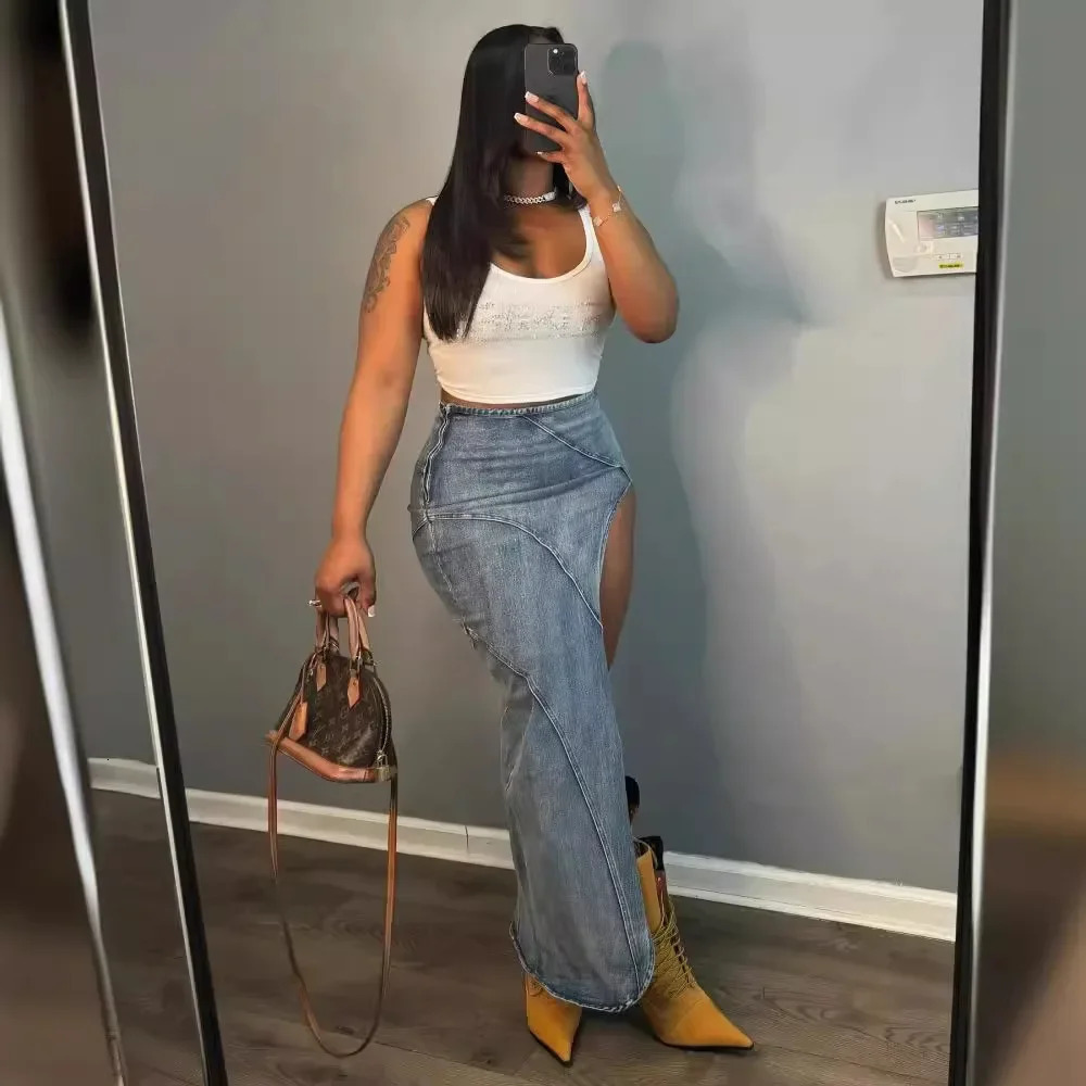 Denim Irregular Skirt Women High Waist Stretch Distressed Washed Zipper Mom Jeans Sexy Club Vintage Long Skirts 2025 Streetwear 250516Z