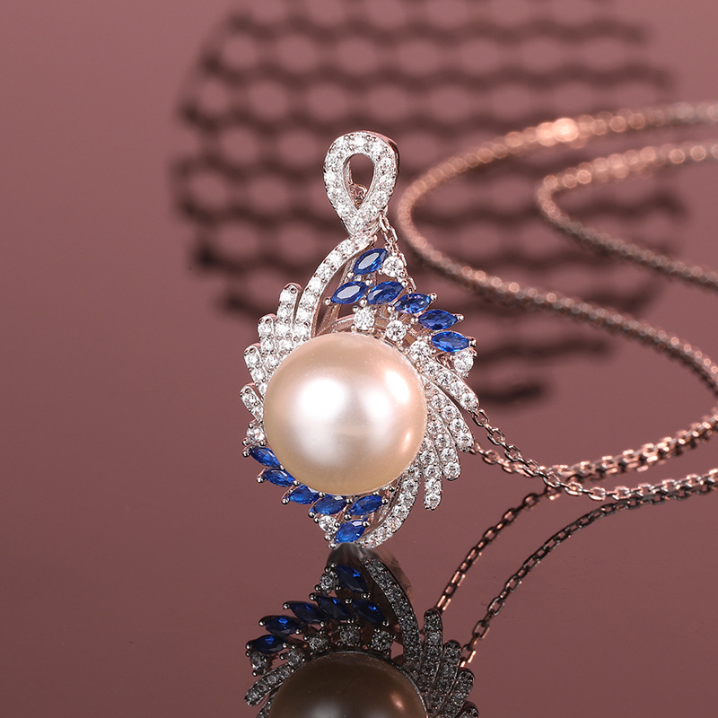 925 Sterling Silver Pearl Necklace with Blue Marquise Gemstone Pendant, Elegant and Minimalist Design for Women, Perfect for Everyday Wear