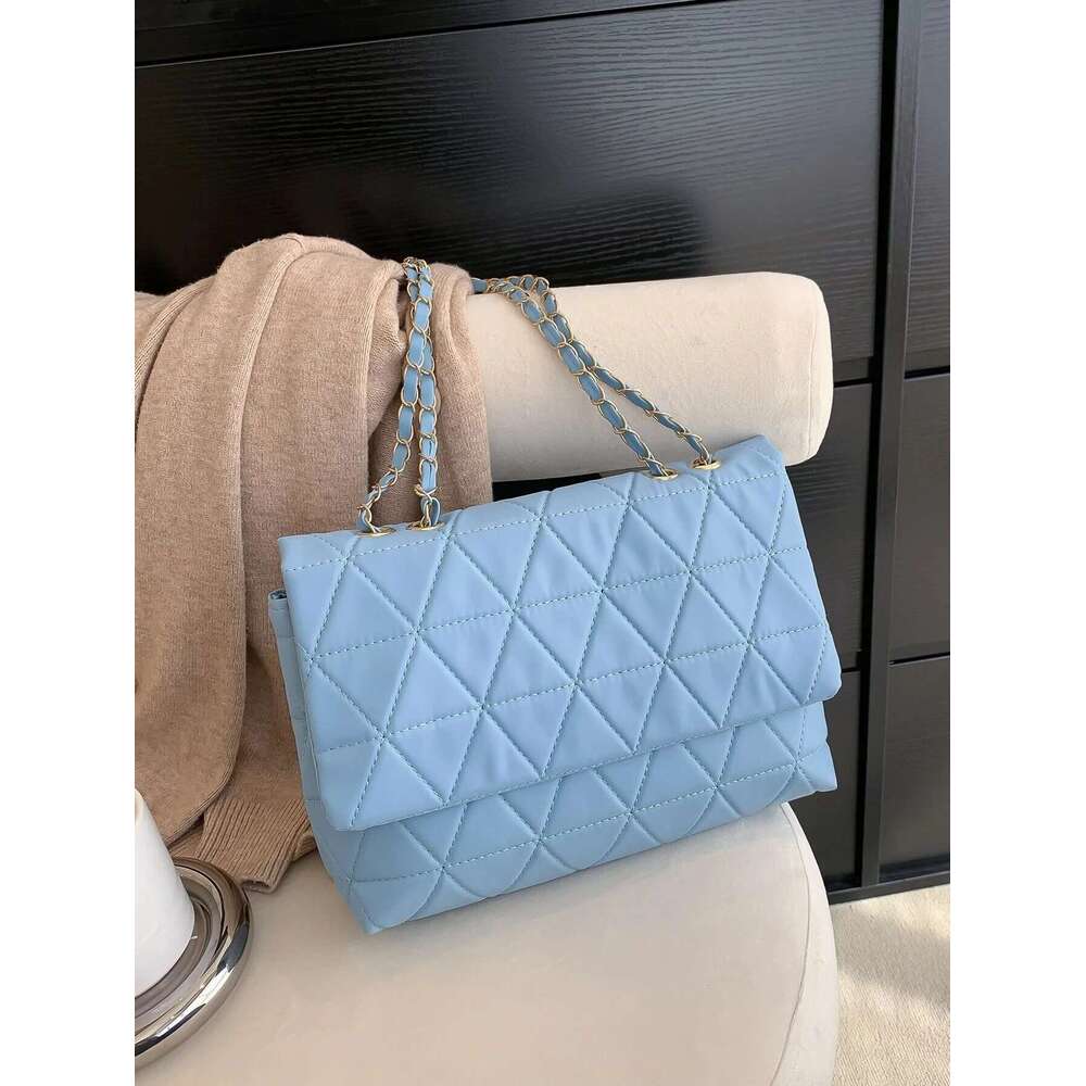 Hot Selling Fashion Blue Pu Flap Golden Large Capacity Niche Geometric Handbag Women's Embroidery Thread Metal Chain Shoulder Bag Designer Bags