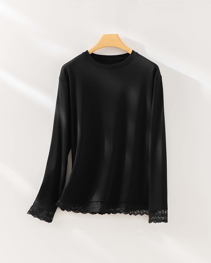 SLL16510 Lace stitching lace design round neck bottoming shirt women's spring casual all-match sweatshirt