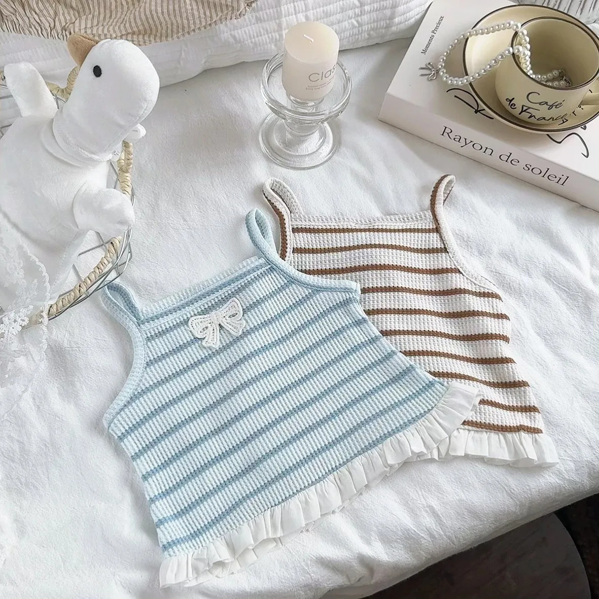 Korean version summer girls comfortable and breathable waffle classic striped fashion trend cute bow tie set 250517z