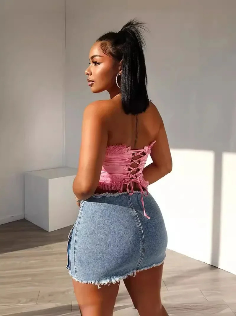 Denim Skirt Women Vintage Frayed Tassels High Waist Streetwear 2025 Mom Jeans Bodycon Multiple Pockets Female Sexy Mini Skirts 250516Z
