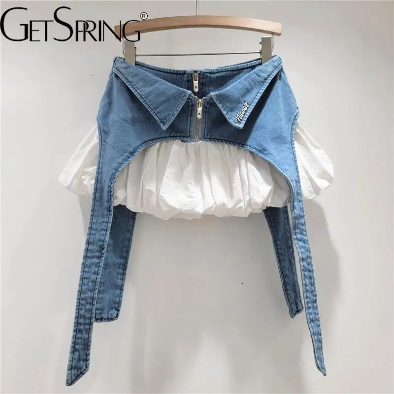 GetSpring Women Skirt 2025 Summer Fashionable Denim Stitching Two ALine All Match Loose High Waist Mini Skirts 250516Z