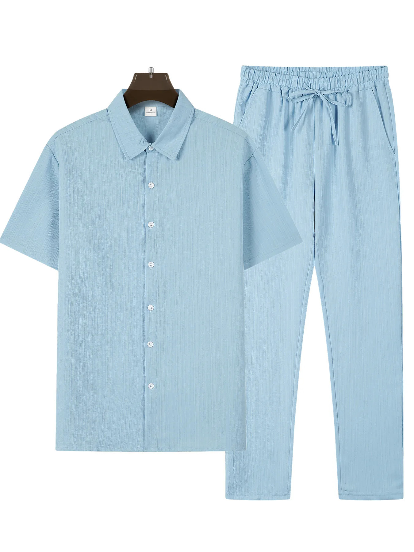 Mens Casual Stripe Two Piece Sets Solid Color Lapel Short Sleeve Tops And Long Pants Suits Spring Summer Sports Streetwear Cloth 250614