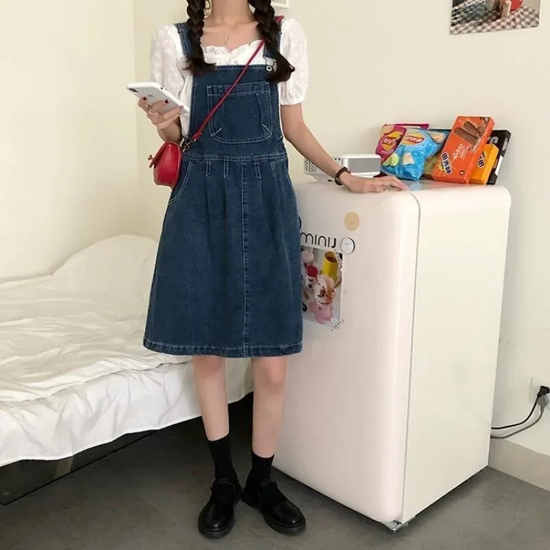 Denim Suspender Skirt Women Vintage Wash Blue Aline Casual Summer Onepiece Korean Y2k Strap Female 250516Z