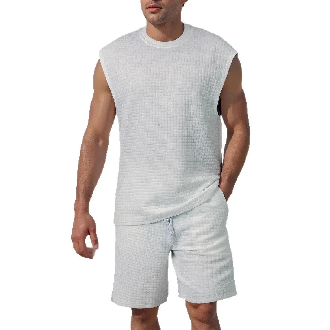 sleeveless small checkered vest and shorts twopiece set crossborder sports leisure solid color mens suit 250614
