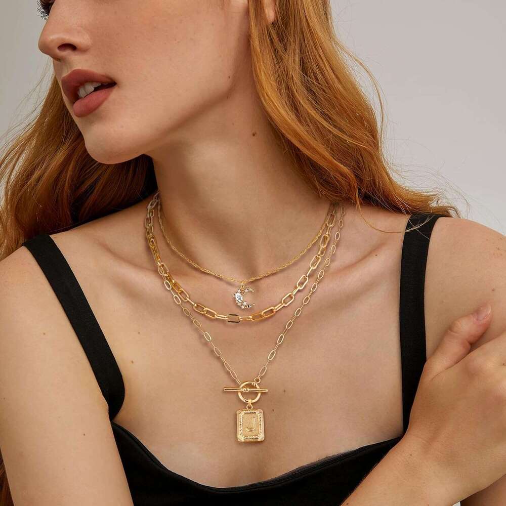Layered Initial for Women Trendy, 14K Plated Simple Moon Choker Square Letter Pendant Paperclip Chain Necklace, Gold Necklaces Jewelry Gifts