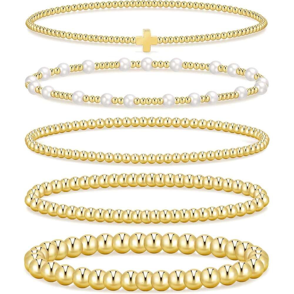 Beaded Women, 14K Real Gold Plated Jewelry Dainty Pearl Bead Bracelets Stack, Non Tarnish Trendy Stackable Ball Cross Stretch Bracelet Set Fashion Accessories