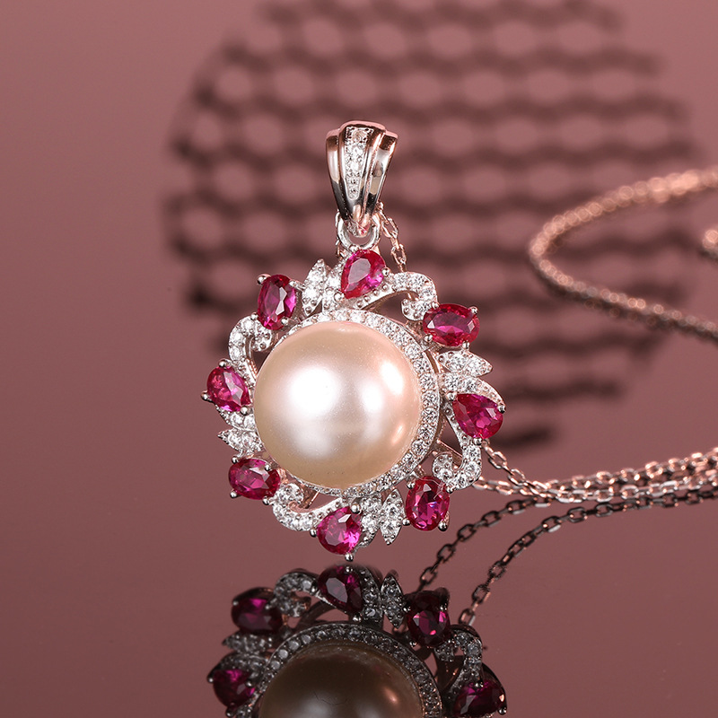 925 Sterling Silver Pearl Pendant Necklace, Women's Creative Design with Full Diamond and Ruby Accents, Elegant Jewelry for Parties, Perfect Gift