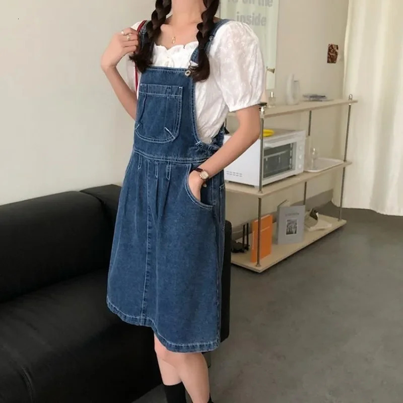 Denim Suspender Skirt Women Vintage Wash Blue Aline Casual Summer Onepiece Korean Y2k Strap Female 250516Z