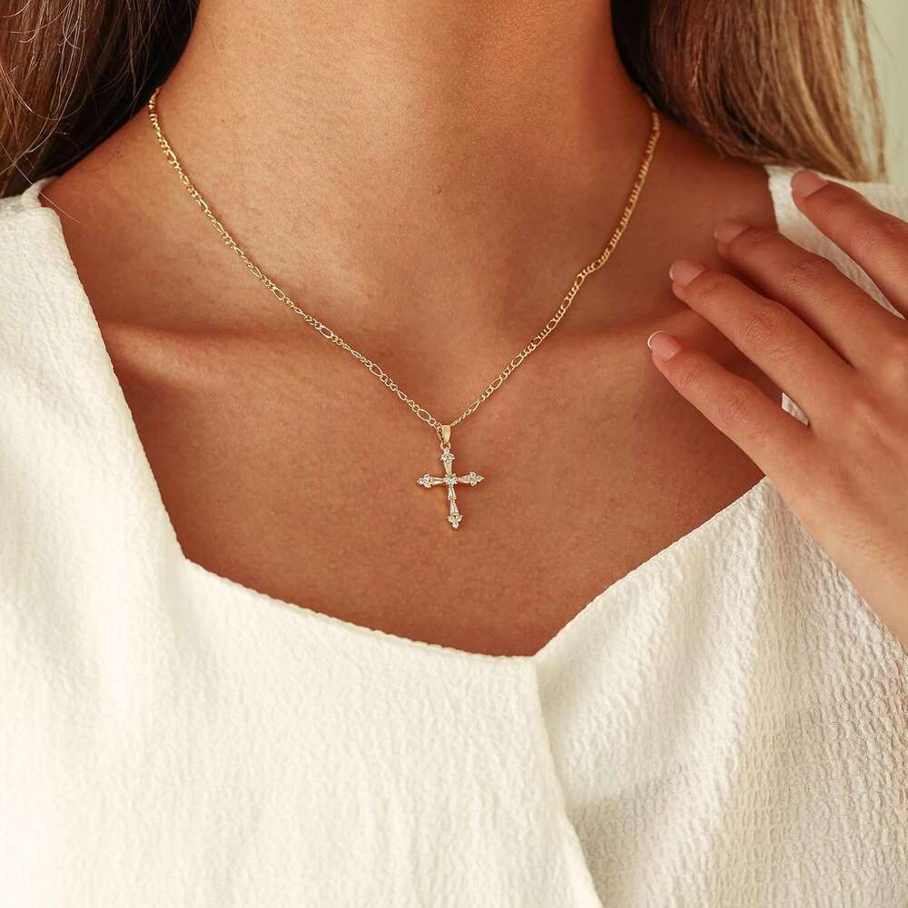 Necklace Women, Dainty 14K Plated Pendant Small Cross Choker Cute Gold Necklaces for Women Trendy Faith Jewelry