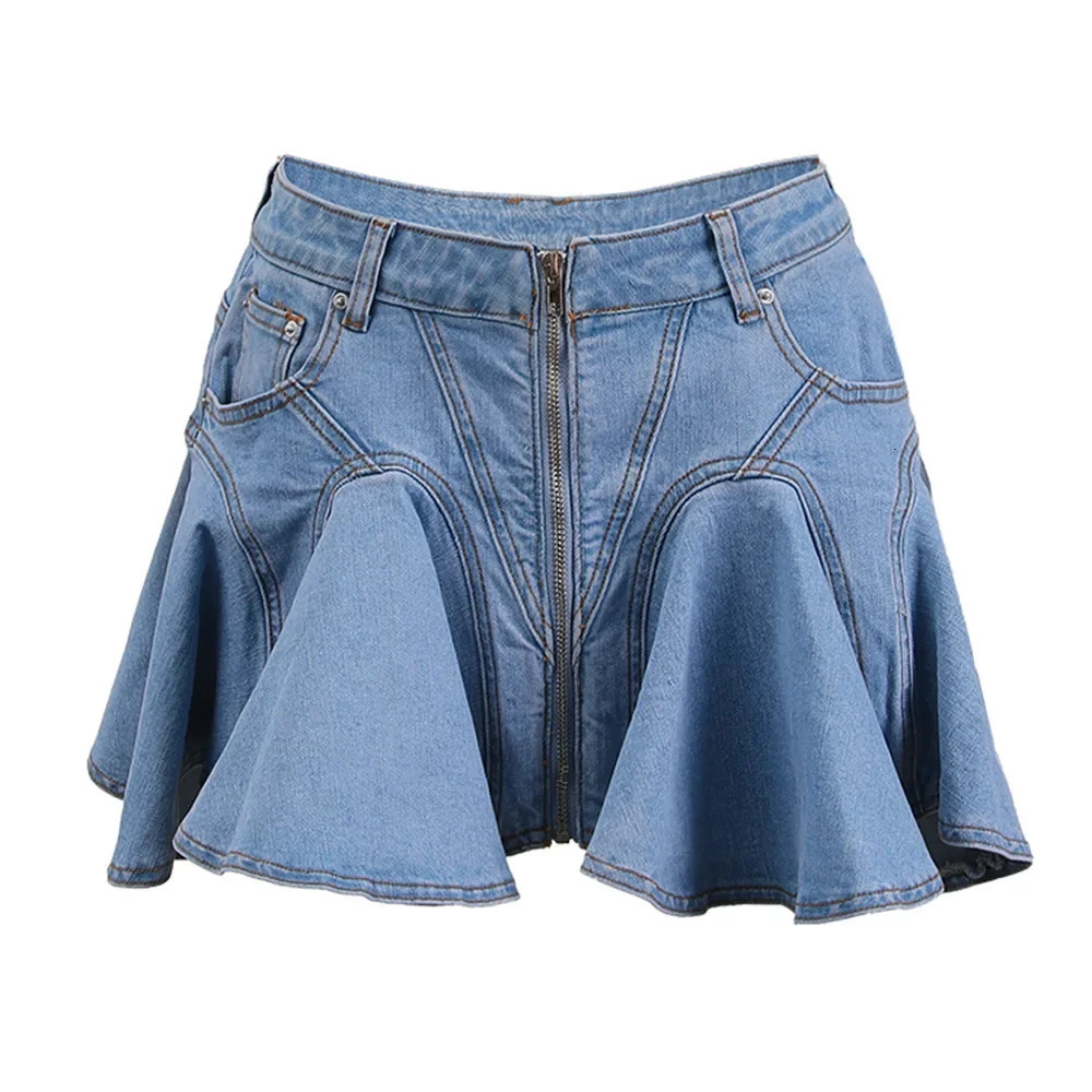 Denim Short Skirt for Women A Line High Waist Strecth Distressed Washed Zipper 2025 Mom Jeans Streetwear Ruffles Mini Skirts 250516Z