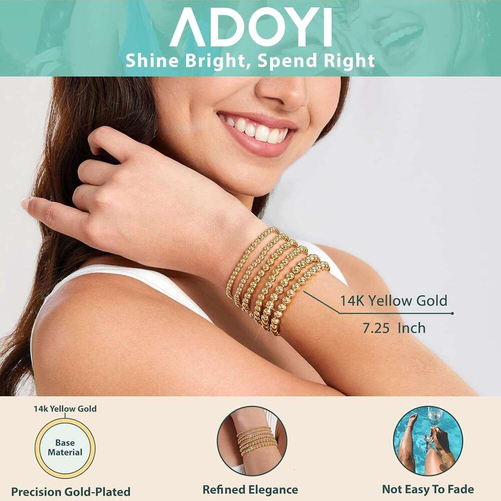 Women's 14K gold-plated bracelet, elastic bead ball bracelet stacking set, women's adjustable gold jewelry
