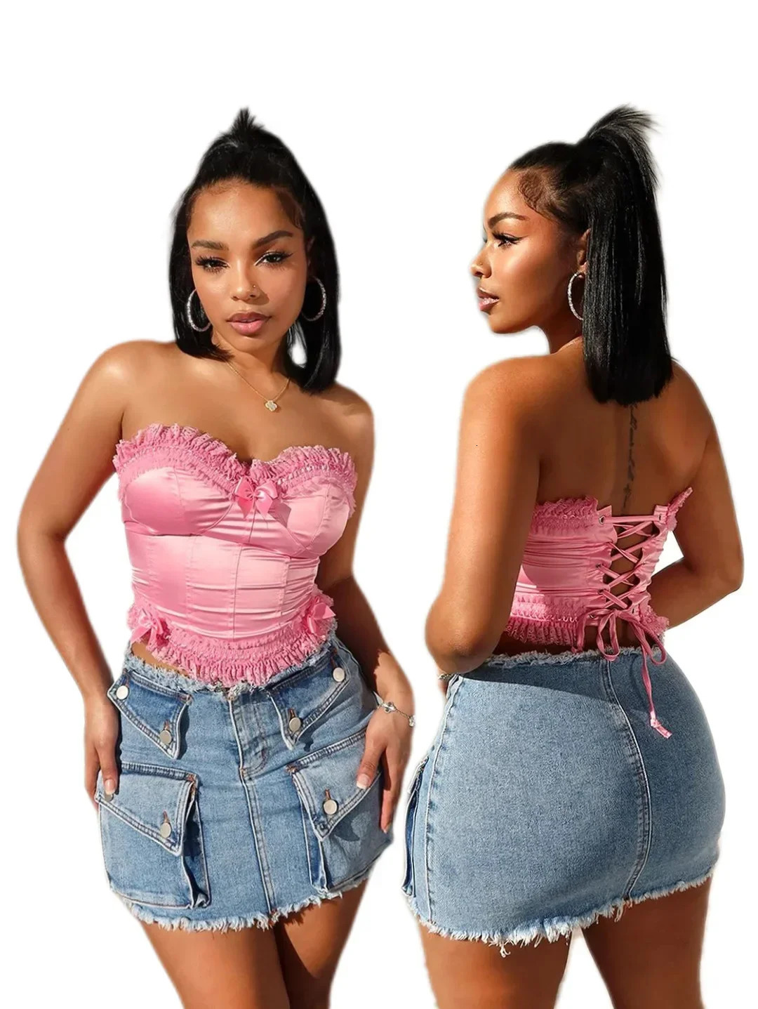 Denim Skirt Women Vintage Frayed Tassels High Waist Streetwear 2025 Mom Jeans Bodycon Multiple Pockets Female Sexy Mini Skirts 250516Z