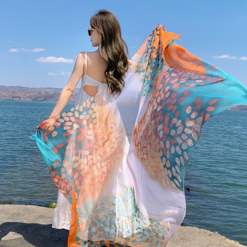 K823 Beach skirt seaside shawl 2024 new women's thin sunscreen outer wear ethnic style travel with skirt scarf silk