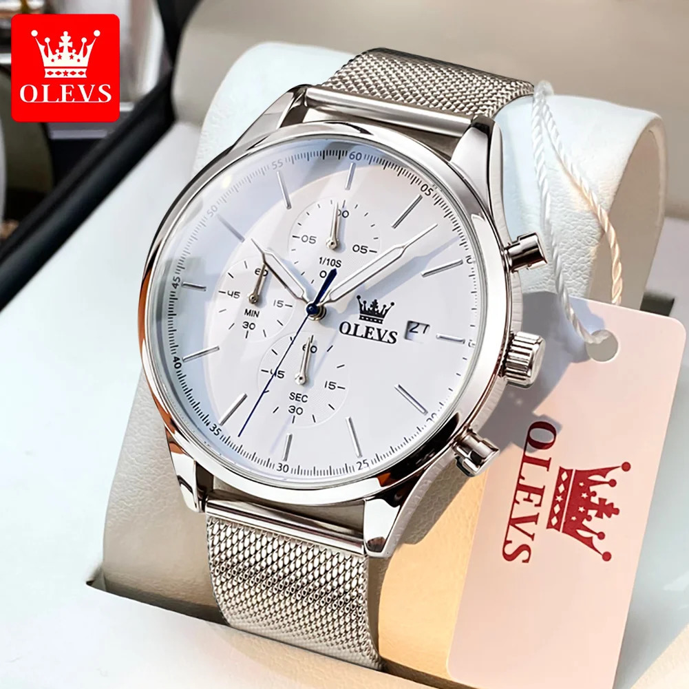 OLEVS 2881 Original Mens Watch Mesh Steel Strap Classic Small Dial Chronograph Calendar Wristwatch Quartz Watch for Man 250603