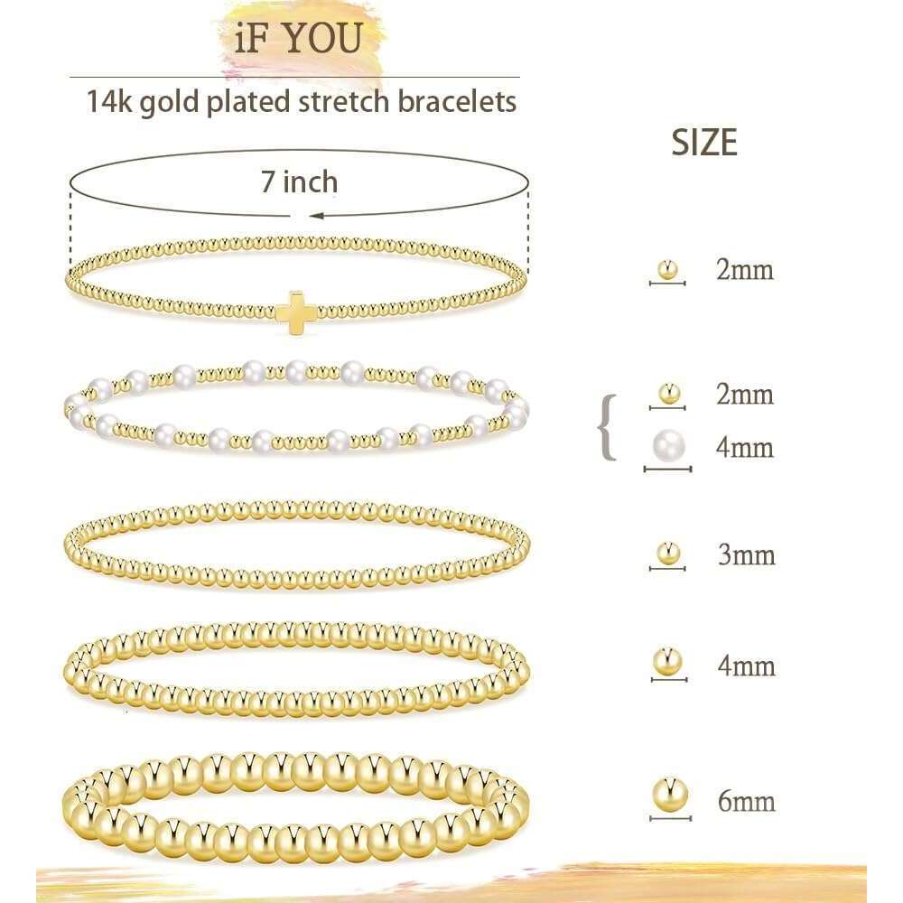 Beaded Women, 14K Real Gold Plated Jewelry Dainty Pearl Bead Bracelets Stack, Non Tarnish Trendy Stackable Ball Cross Stretch Bracelet Set Fashion Acc