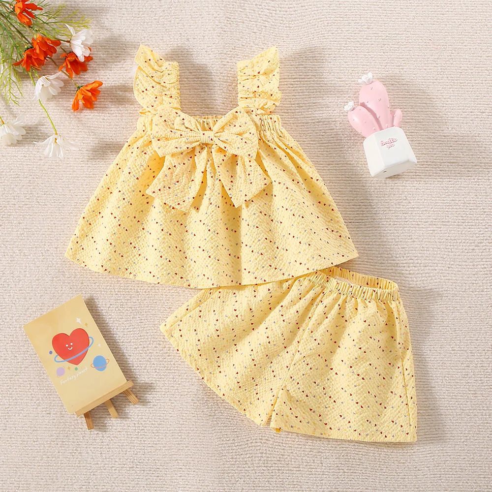 Summer TwoPiece Set For Baby Girls With Halter Bow Small Flying Sleeve Love Polka Dot Printed Pleated Shorts Light Casual S 250517z