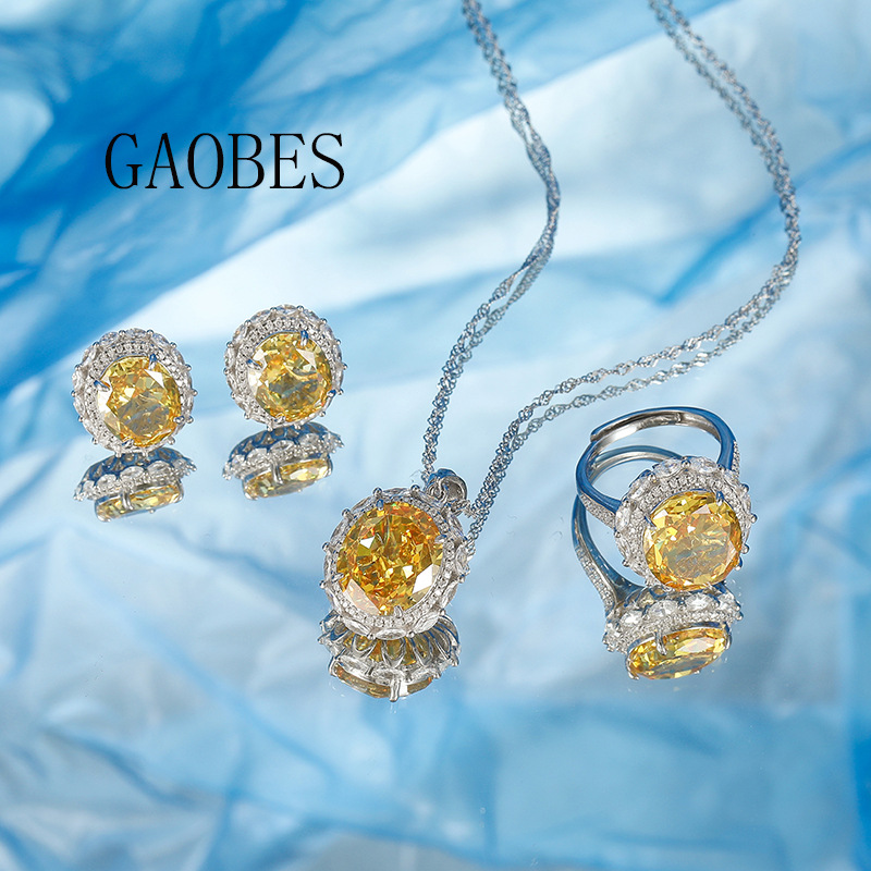 925 Sterling Silver High Carbon Diamond Yellow Gemstone Jewelry Set Necklace Stud Earrings Ring Women's Elegant Fashion Accessories