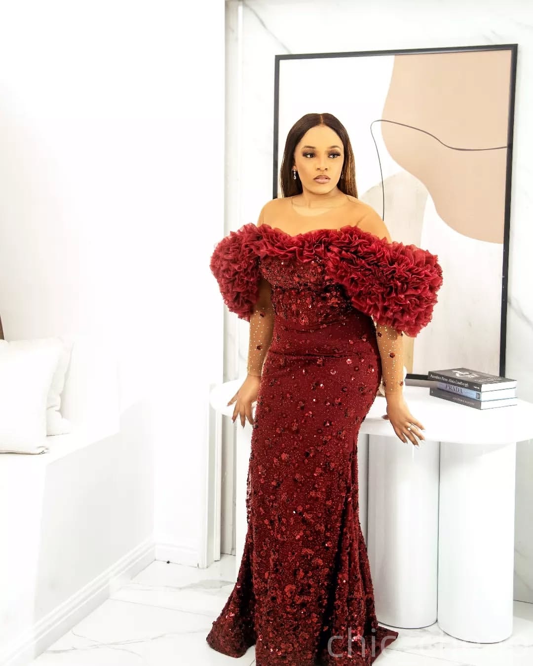 Burgundy Mermaid Prom Dresses 2025 Crystals Sequined Ruffles Evening Formal Party Second Birthday Engagement Gowns Plus Size Dress For Special Occasio