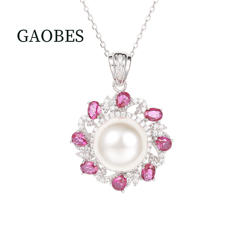 925 Sterling Silver Pearl Pendant Necklace, Women's Creative Design with Full Diamond and Ruby Accents, Elegant Jewelry for Parties, Perfect Gift