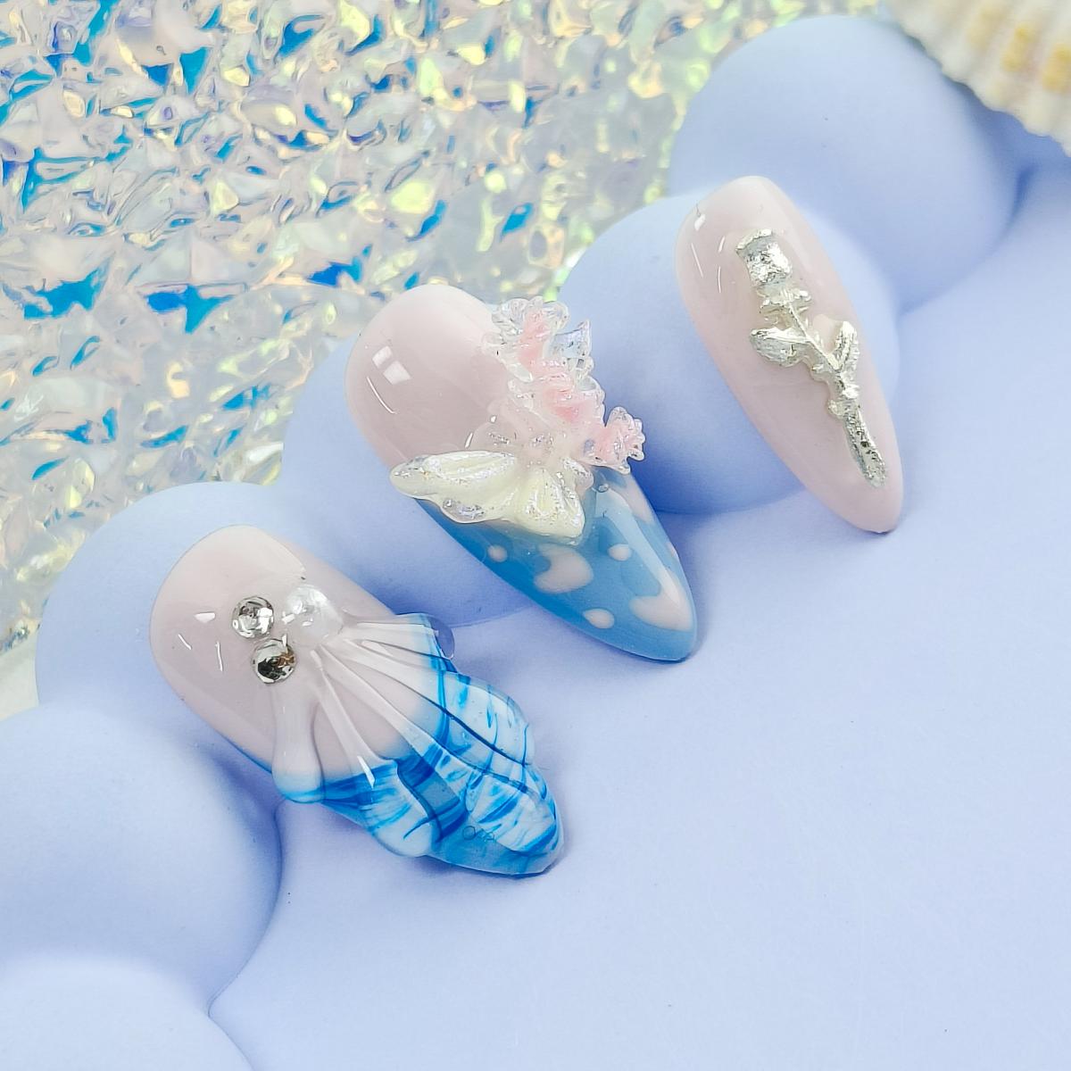 10pcs Summer Series Handmade Press-on nails Medium Almond Nails Hand drawn French Tips Fake nails Bundle 3D Butterfly Rose Free storage box jelly glue
