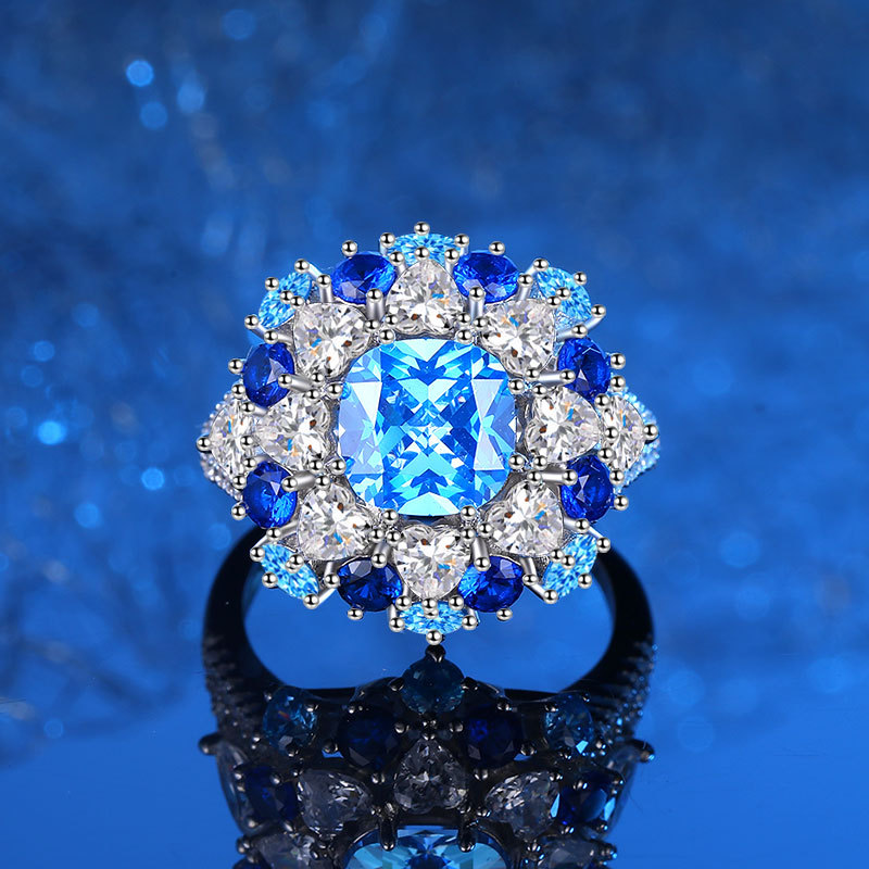 Luxury S925 Sterling Silver Jewelry Set with High Carbon Blue Diamonds, Necklace, Earrings, Bracelet, and Adjustable Ring for Women