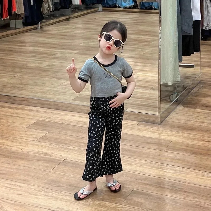 Back to School Outfits 2025 Summer Cute Bow knit Short Sleeve TShirtsPants 2Pcs Kids Sets 38Yrs Baby Girls Casual 250517z