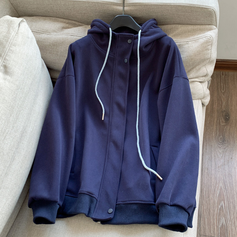 DO17016 Zipper Loose Hooded Solid Color Cardigan Couple Sweater Jacket Women